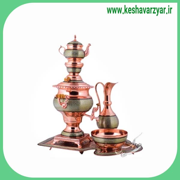 سرویس سماور 5 پارچه مسی مدل الماس تراش